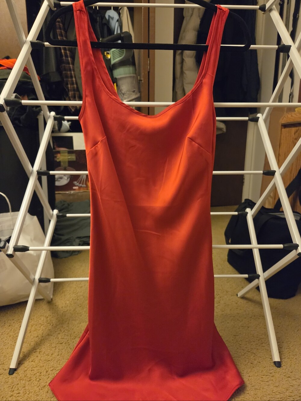 Red Satin Slip Dress - Women's Elegant Scoop Neck